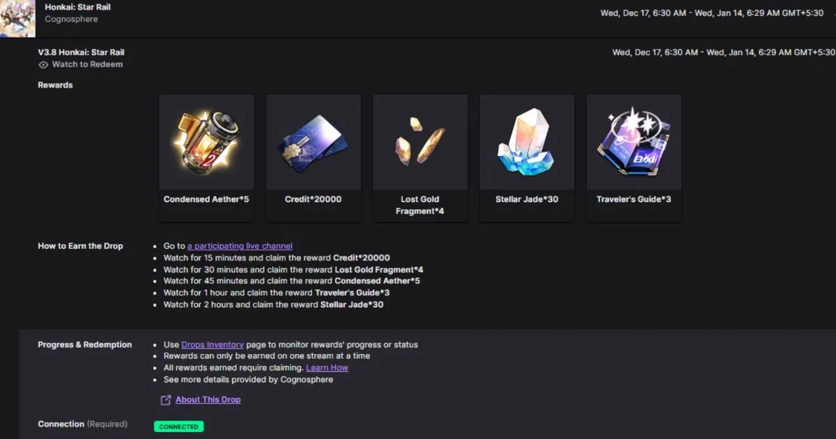 Honkai Star Rail 3.8 Twitch drops